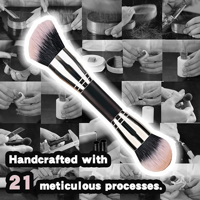 Dual-Ended Foundation Makeup Brush -Large 1 Inch Bristles Black Wooden Handle Aluminum Ferrule Foundation &Powder Brush Wet & Dry Use for Professional and Daily Full Coverage Flawless Finish
