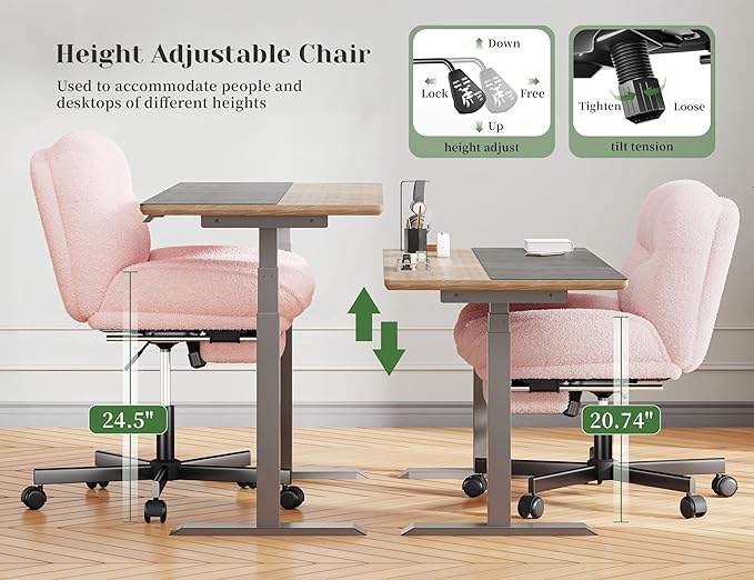 Cross Legged Office Chair with Foot Rest, 6.3" Thick Cushioned Criss Cross Chair with Wheels, Height Adjustable Swivel Vanity Chair for All-Day Comfort (Pink)