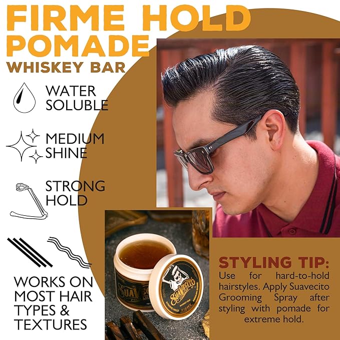 Suavecito Pomade Firme (Strong) Hold Whiskey Bar Scent 4 oz - Pomade For Men - Medium Shine Water Based Wax Like Flake Free Hair Gel - Easy To Wash Out - All Day Hold For All Hair Styles
