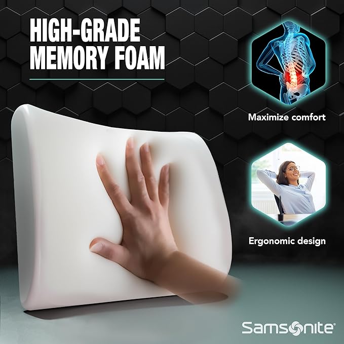 Samsonite Memory Foam Lumbar Support Pillow for Office Chair, Gaming Chair, or Automotive Use, Ergonomic Back Cushion, Home Office Essentials for Sitting Comfort and Posture Relief Back Support