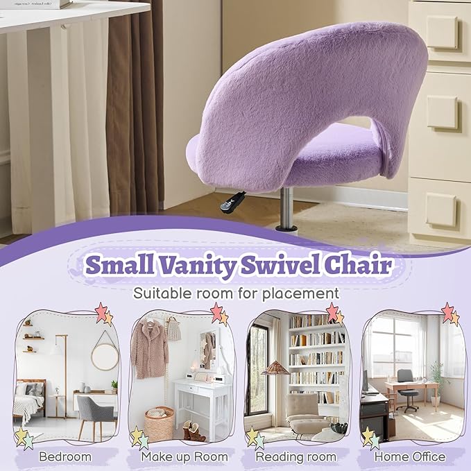 VINGLI Small Vanity Chair with Faux Fur Wheels for Girls,Cute Adjustable Height Armless Office Desk Chair,360°Swivel Comfy Rolling for Study,Make up Room,Small Space,Purple