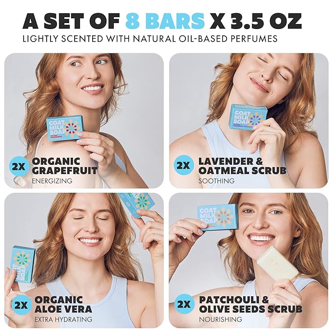 Goat Milk Soap Bar - 8 Bars 4 Unique Scents | Crafted in Greece | All Natural, Organic, Goats Milk Soap - Nourishing, Ideal for Sensitive Skin - Perfect for Kids, Men, and Women