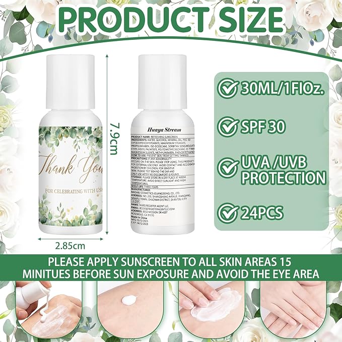 24 Pcs Sage Green Wedding Decor Travel Size Mini Sunscreen Bulk Spf 30+ Thank You Gifts Wedding Favors for Guest Eucalyptus Floral Small Sunscreen for Bridal Shower Souvenirs, 1 Fl. oz