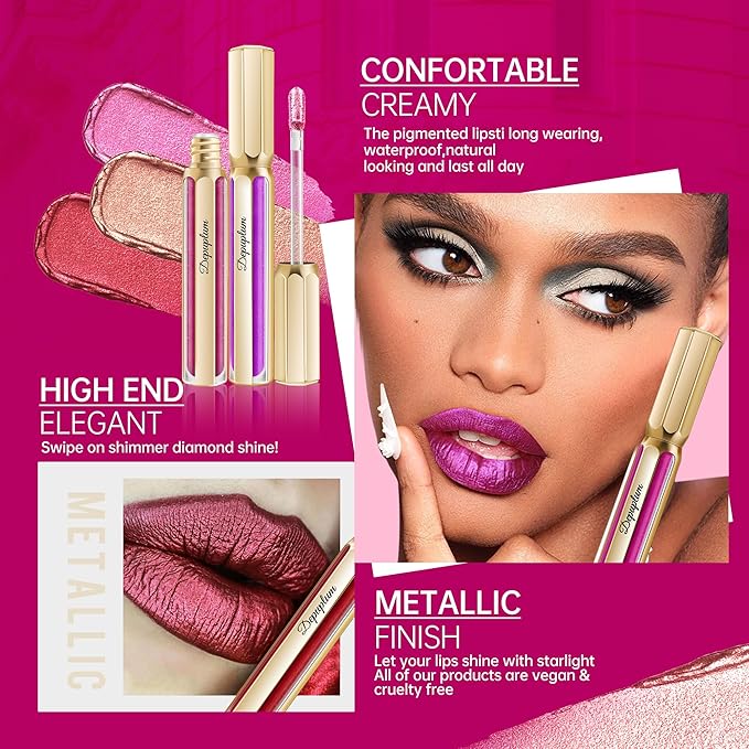 Bronze Lipsticks for Women Metallic Lipstick Long Lasting Non Stick Cup Lip Gloss, Metal Shine Lightweight Hydrating Full Coverage Lip Color, DP103 Fantasy