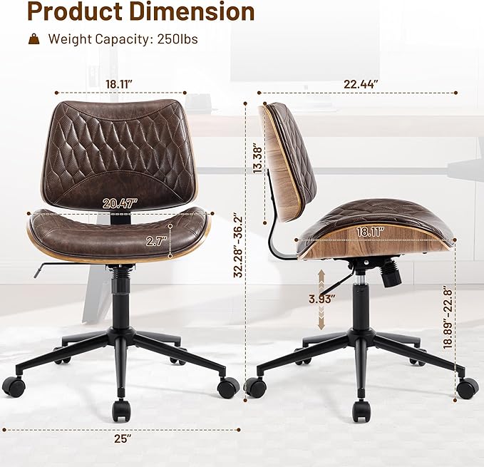 Walnut Bentwood Mid Back Armless Office Chair 2 Pack, Adjustable Height PU Leather Swivel Desk Chair with Wheels, Rolling Computer Task Chair for Home Office, Study, Meeting Room