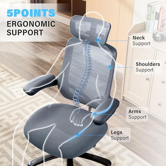 500lbs Big and Tall Office Chair - Heavy Duty Mesh Ergonomic Desk Chair with Headrest, High Back Computer Chair - Flip-up Armrests, Wide Thick Seat Cushion, Quiet Wheels, Grey