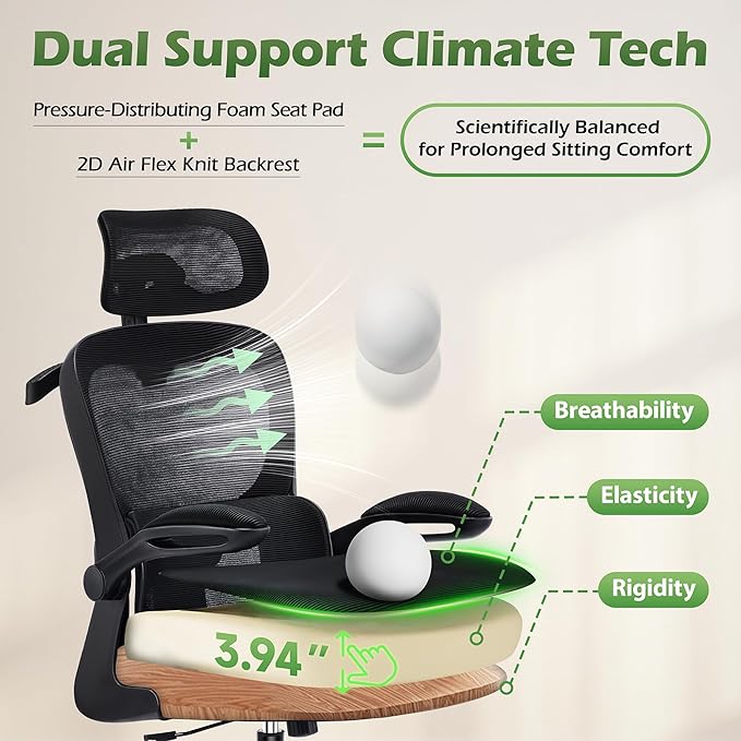 AreShark Office Chair Ergonomic Desk Chairs with Adjustable Lumbar Support& Headrest Hanger, High Back Breathable Mesh Chair with Wheels, Rolling Swivel Comfy Task Computer Chair for Home Work Gaming