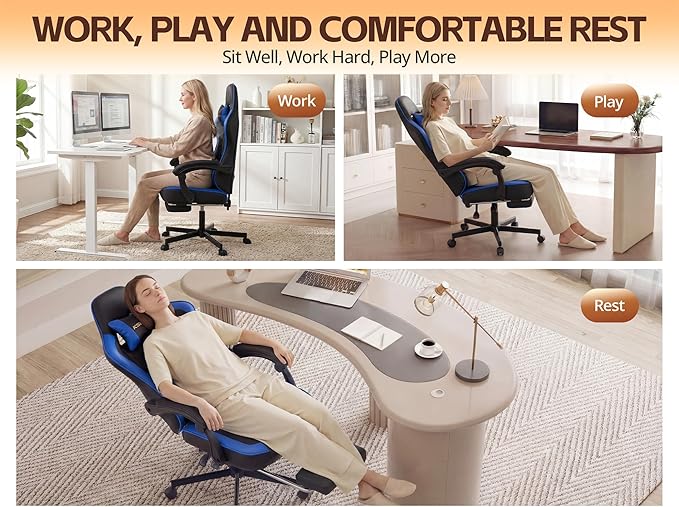 Office Chair Breathable Leather with Pocket Spring Cushion, Wide and High Ergonomic Computer Gaming Chair with Headrest and Footrest for Adult, Black and Blue