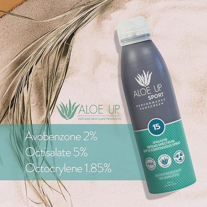 Aloe Up Sport Spray Sunscreen SPF 15 – Broad Spectrum Sunblock with Hydrating Aloe Vera Gel – Fast Absorbing, No White Cast, Reef Friendly, Water Resistant up to 80 Minutes, Fragrance Free – 6 Oz