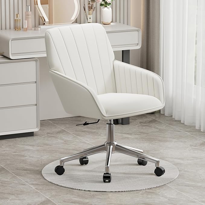 YISHENG Velvet Office Desk Chair with Silver Base, with Wheels,Modern Height Adjustable 360 Degree Swivel Upholstered Vanity Chairs with Arms for Living Room Bedroom,Cream