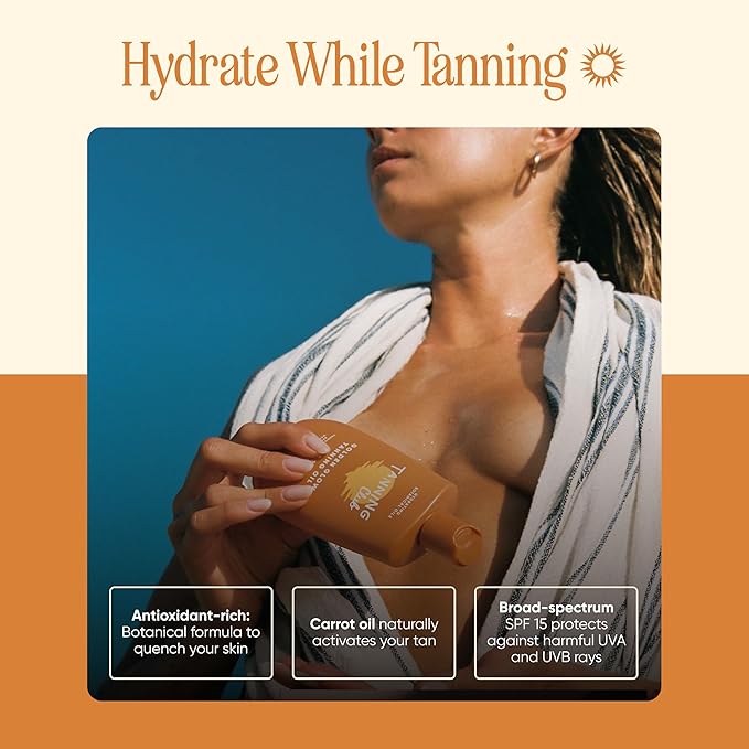 Tanning Club - Golden Glow Tanning Oil with SPF 15 - Lightweight Hydrating Sunscreen with Coconut, Carrot, and Shea Butter - Water and Sweat Resistant (80 Minutes) - 150 ml
