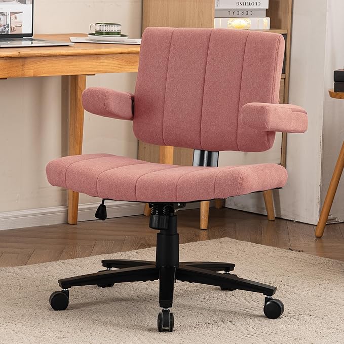 Pink Criss Cross Office Chair with Wheels, Ergonomic Wide Seat Vanity & Dressing Table Chair, Adjustable Arms Swivel Rolling Desk Chair for Women, Comfortable Cross-Legged Support