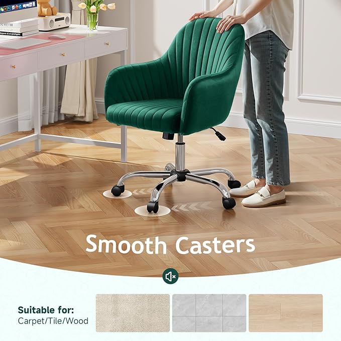 Warmiehomy Desk Chair, Velvet Office Chair for Home Office, Comfy Vanity Chair, Girl Cute Makeup Chair with Arm Rest for Bedroom Dressing Room, Green
