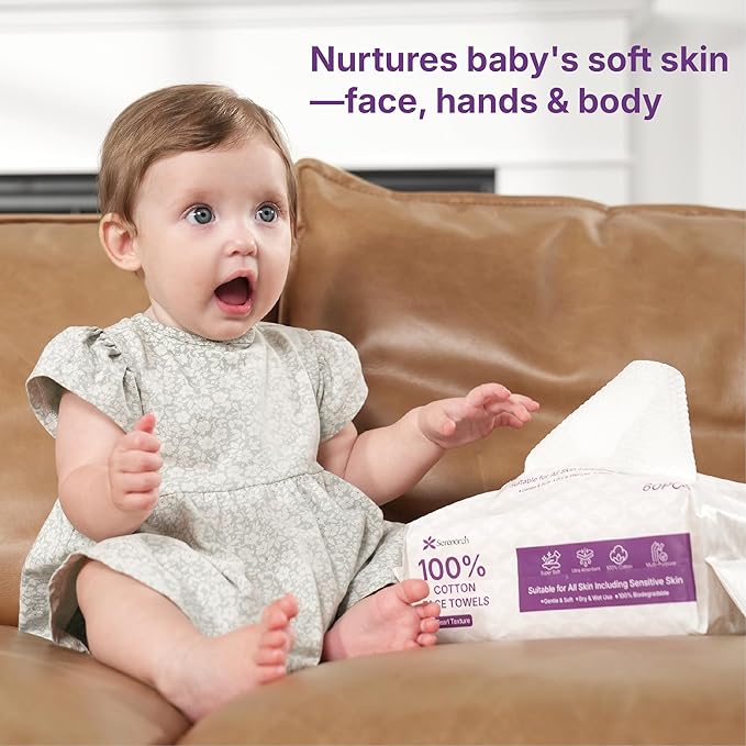 100% Cotton Disposable Face Towels 240 Count, Soft Cotton Tissue for Sensitive Skin, Makeup Remover Dry Wipes, Lint Free Facial Cleansing Cloths for Baby & Adult, Hanging Bag