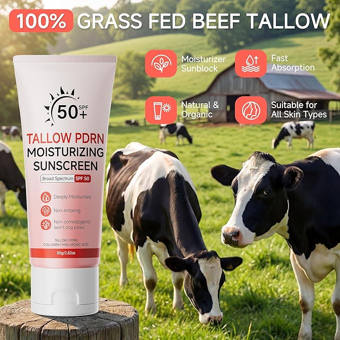 Beef Tallow Sunscreen With Non-Nano Zinc Oxide, Mineral Sunscreen SPF 50 Natural Sunscreens for Face and Body, Salmon PDRN Sunblock Moisturizing Sun Screen for Sensitive Skin & Kids, 2.82 OZ
