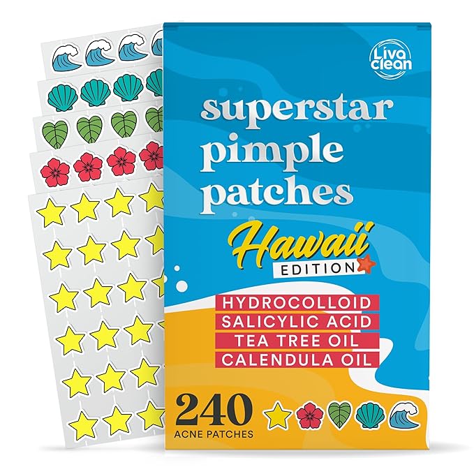 Livaclean 240 CT Cute Pimple Patches for Face w/ Salicylic Acid, Tea Tree Oil & Calendula Oil - Zit Stickers, Hydrocolloid Acne Patches for Face - Acne Stickers - Star Pimple Patch - Hawaii Edition
