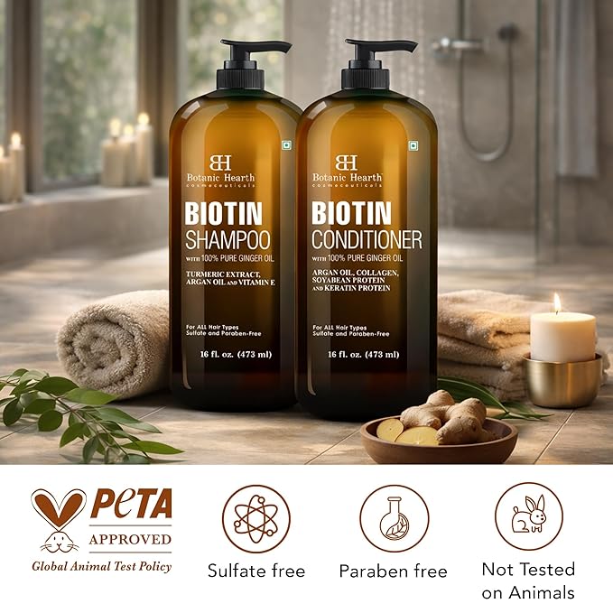 Botanic Hearth Biotin Shampoo and Conditioner Set - with Ginger Oil & Keratin for Hair Loss and Thinning Hair for Men and Women - Sulfate Free, 16 fl oz each