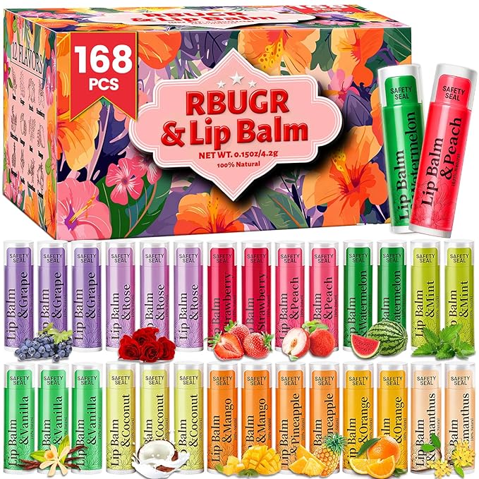 168 Pcs Lip Balm Bulk - All Organic Natural Moisturizing Gift Set for Women, 12-Flavored Bulk for Dry Cracked Lips (4.2g/0.15oz)