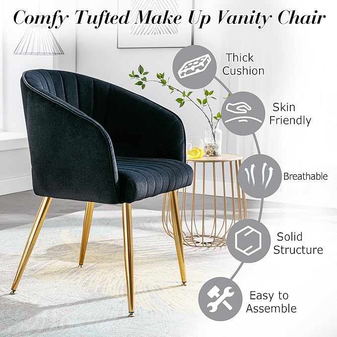 Modern Velvet Vanity Chair, Home Office Desk Chair with Hollow Back, Upholstered Dining Chair with Gold Metal Legs, Comfy Accent Armchair for Living Room Bedroom, Black
