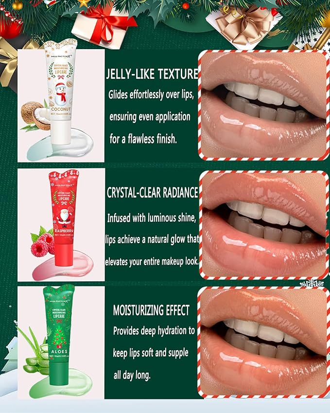 Christmas Moisturizing Lip Balm Gift Set,3 Pcs Hydrating Lip Oil Gloss for Dry Cracked Lips,Non-sticky Long Lasting Clear Jelly Yummy Tint Lipstain Fruit Flavoured Glow Lipcare Oil Women Makeup Gift