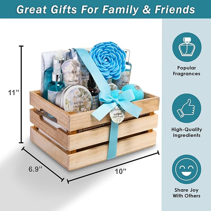 Bath Spa Gift Sets - Luxury Basket With Jasmine & Lavender - Spa Kit Includes Wash, Bubble Bath, Lotion, Bath Salts, Body Scrub, Body Spray, Shower Puff, Bathbombs, Soap and Towel