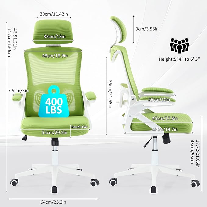Fizzin Ergonomic Office Chair,Ergonomic Desk Chair with Headrest Mesh Computer Chair with High Back Adjustable Lumbar Support, Rolling Swivel Chairs with Wheel Armrests for Home Office (Green)
