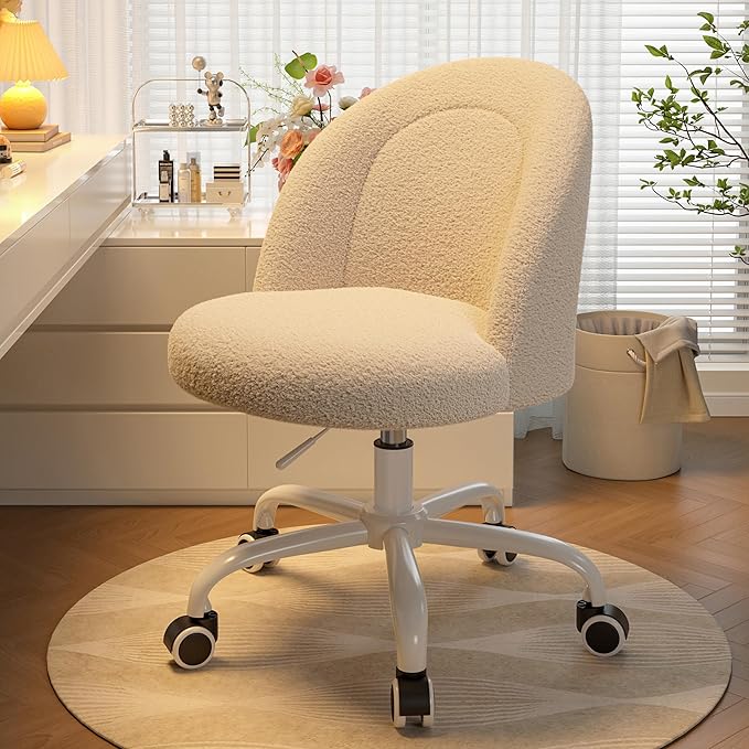 Vanity Chair with Back, Cute Desk Chair with Wheels, Armless Office Chair Height Adjustable, Soft Lumbar Support for Small Space, Bedroom, Light Yellow
