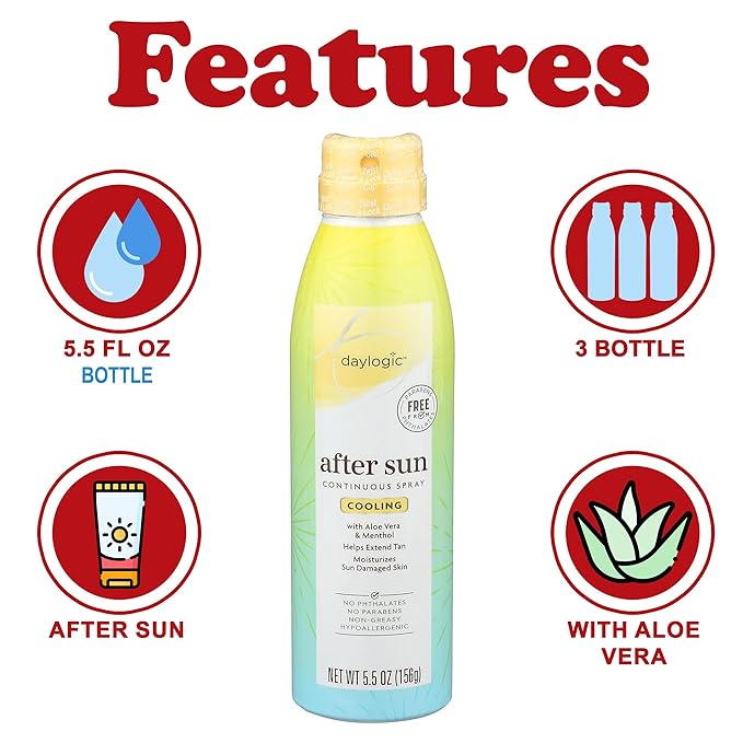 Daylogic After Sun Spray, 3 Pack, Continuous Spray with Aloe and Cooling Menthol, Sunbrurn Relief and Tan Extender, Moisturizes Sun Damaged Skin, Non Greasy, Paraben and Phthalates Free, 5.5 oz. Each