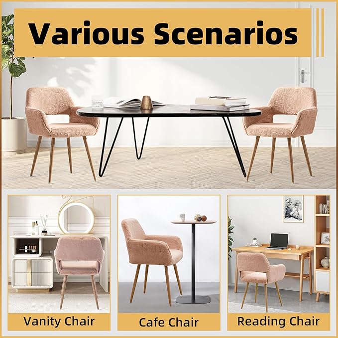Furry Desk Chair Set of 4, Modern Home Office Chair Without Wheels, Faux Fur Vanity Chair with Hollow Backrest, Comfy Armchair Wood Frame with Strudy Metal Legs, Camel