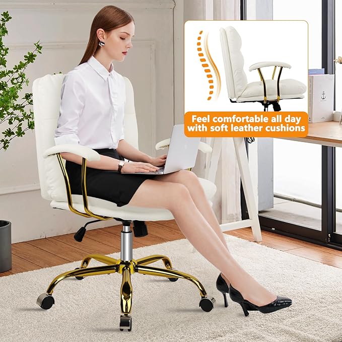 Leather Home Office Desk Chair, Mid-Back Vanity Chair Make Up Chair with Gold Wheels & Removable Armrests, Rolling Swivel Computer Task Chair for Office Bedroom Living Room Girls Women, White