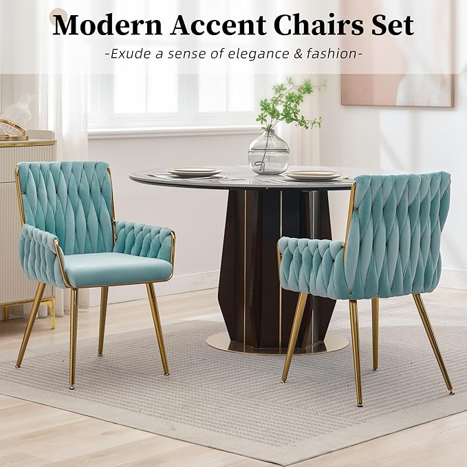 ABET Office Desk Chair No Wheels, Woven Velvet Vanity Chair with Back & Armrest, Comfy Upholstered Cute Gold Metal Legs Makeup Aesthetic Armchair for Girls & Women Bedroom, Nail Spa, Light Blue