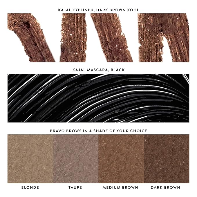 LAURA GELLER Laura’s 3 E’s Eyebrows, Eyelash & Eyeliner Kit for Mature Skin | Blonde | Kajal Longwear Eyeliner, Kajal Longwear Mascara & Bravo Brows Soft Pencil + Brush