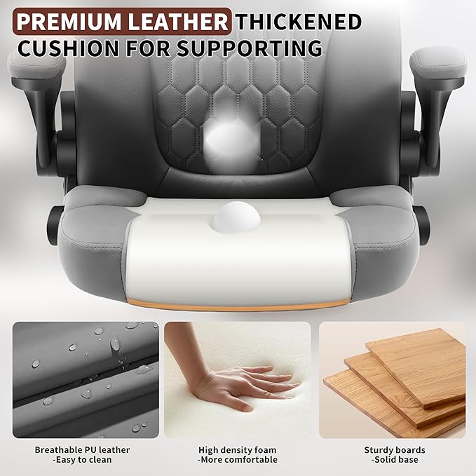Executive Office Chair PU,Leather Office Chair with Wheels,360° Swivel Rolling Chair with Padded Arms,Ergonomic Computer Chair with Lumbar Support for Short People Use (Grey)