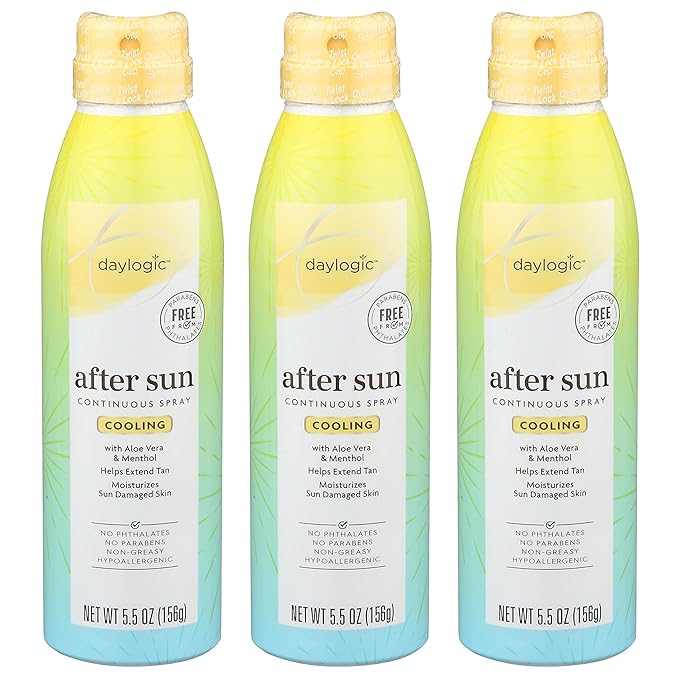 Daylogic After Sun Spray, 3 Pack, Continuous Spray with Aloe and Cooling Menthol, Sunbrurn Relief and Tan Extender, Moisturizes Sun Damaged Skin, Non Greasy, Paraben and Phthalates Free, 5.5 oz. Each