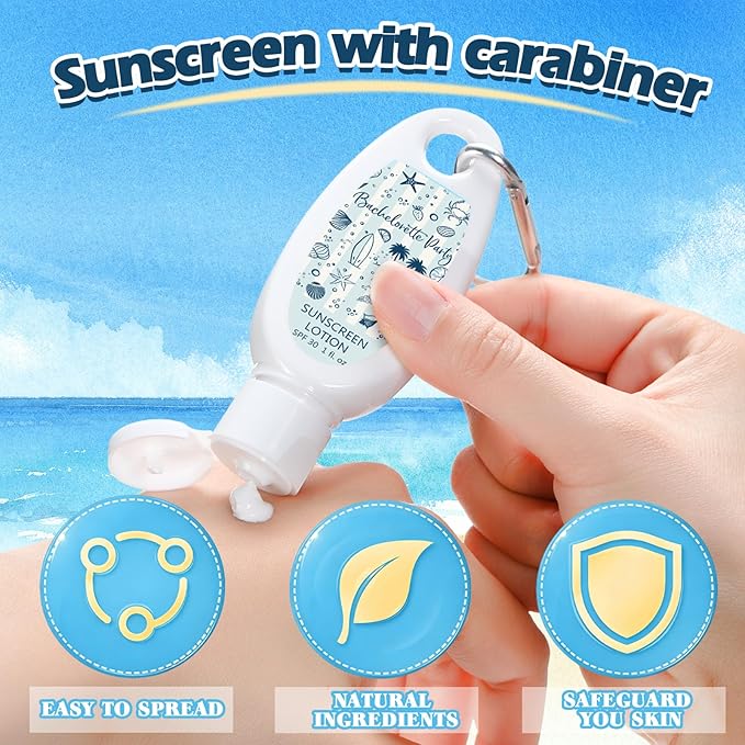 Leelosp 30 Pcs Mini Sunscreen with Carabiner Bulk Travel Size 1 Fl. oz. Spf 30 Water Resistant Mini Sunblock Lotion with Clip Last Toast on the Coast Bachelorette Party Favor Welcome Bags for Guest