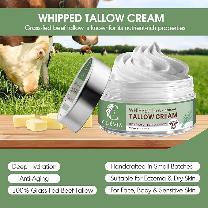 100% Grass-Fed Whipped Tallow Cream - 4 OZ Anti-Wrinkle Face+Body Balm – Organic Beef Tallow with Jojoba Oil – Deep Hydration for Dry, Sensitive & Irritated Skin (Herb-Infused)