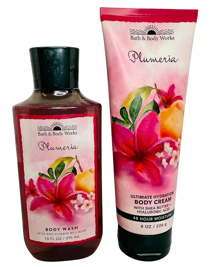 Bath & Body Works Women Plumeria Ultimate Hydration Body Cream and Body Gel Wash 2 Piece Set