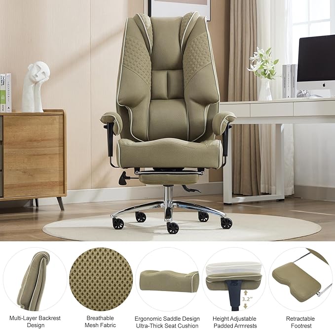 Big and Tall Office Chair 400lbs Wide Seat, Leather High Back Executive Office Chair with Lumbar Support, Ergonomic Chairs Padded Armrests & Thick Cushion (Mesh Green)