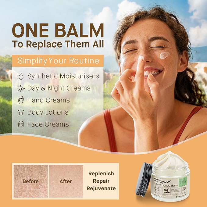 Beef Tallow Honey Balm for Skin: 100% Grass Fed Organic Moisturizer with Organic Raw Honey, Jojoba Oil, Vitamin E – Natural Face and Body Care for Mature, Dry or Sensitive Skin, 2oz, Pack of 2