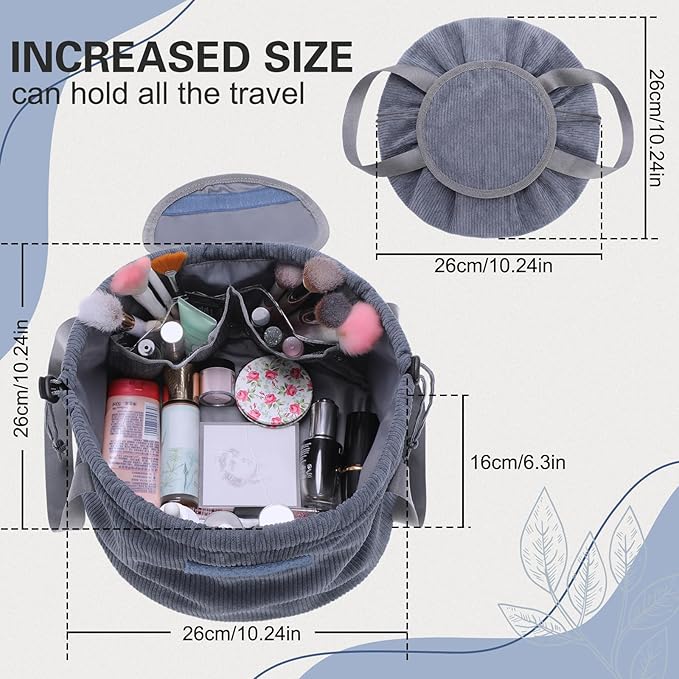 makeup bag lay flat Lay Flat Barrel Drawstring Corduroy Makeup Bag for Women Portable Open-flat Large Capacity Travel Cosmetic Organizer, Skincare & Brush Storage(Dark Gray)