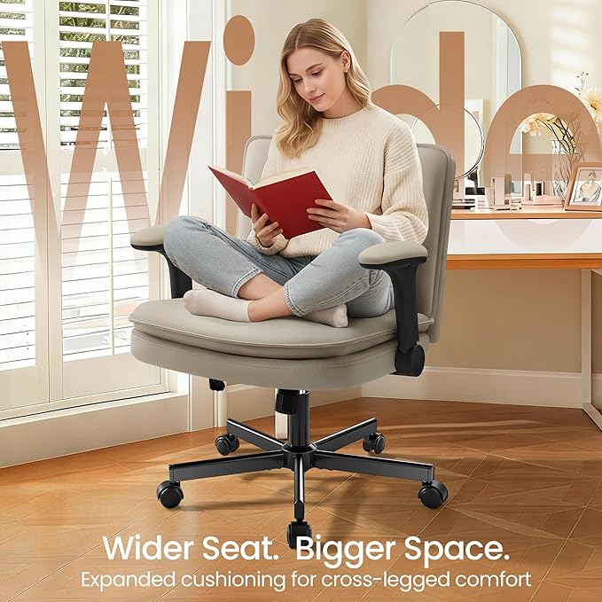 Criss Cross Office Chair with Wheels - PU Leather Wide Criss Cross Desk Chair with Flip-up Arms and Thick Cushion - Comfy Tilting Swivel Rolling Vanity Chair for Home Office Bedroom Apartment