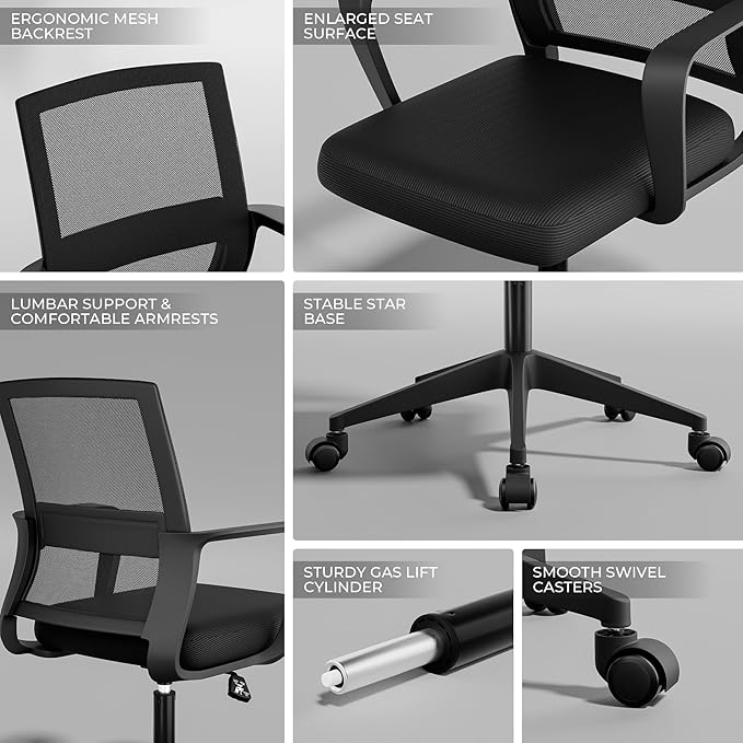 SUKIDA Desk Chair Mesh Office Chair with Upholstery Executive Office Chair with Armrests, Mid-Back Task Chair Height-Adjustable Computer Chair, Black