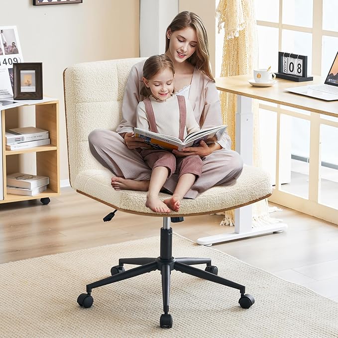 Furnimart Heavy-Duty FSC Wooden Wide Desk Chair, 360° Swivel Criss Cross Office Chair with Wheels, Comfy Cross Legged Sitting, Armless Rolling Chair for Bedroom, Office, Vanity (Faux Fur White)