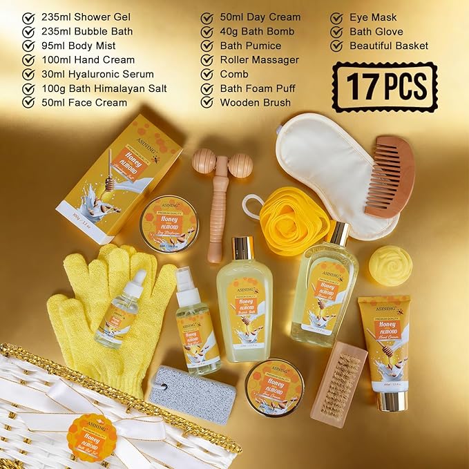 17-Piece Mothers Day Gifts for Women & Men, Almond Luxury Spa Gift Set Bath and Body Gift Basket Set Care Kit Face Skin Care Set, Bath & Body Care Set, Christmas, Valentines, Birthday, Anniversary