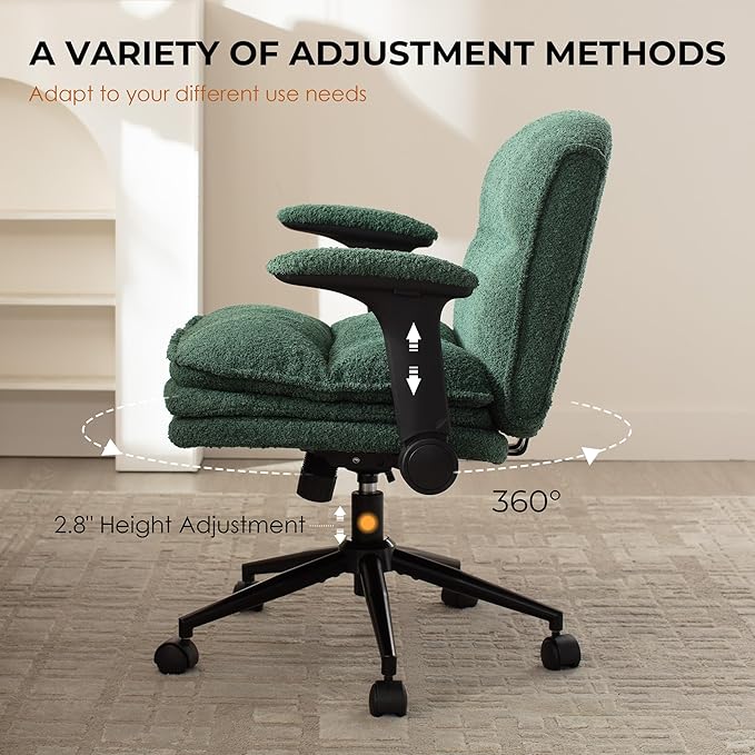 Dowinx Criss Cross Chair with Adjustable Flip-up Arms and Wheels, Comfort Ergonomic Office Desk Armchair with 3 Layer Cushions, Wide Seat Vanity Chair for Home Office, Living Room, Bedroom, Green