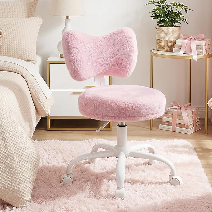 Vanity Chair with Wheels, Pink Desk Chair with Cute Bow Backrest, Fluffy Faux Rabbit Fur Small Office Chair for Vanity, Make-up Room, Bedroom, Dorm, Small Space, Height Adjustable, Pink