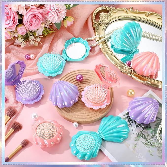 Meanplan 12 Pcs Mermaid Party Favors Shell Hair Brush with Mirror Foldable Mini Travel Pocket Hair Brush Compact Makeup Comb for Women Girls Valentines Day Birthday Gifts(3 Colors)