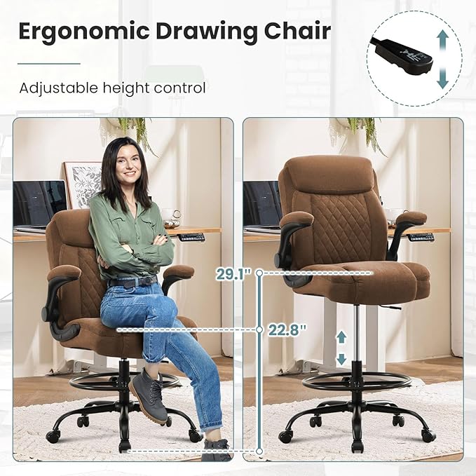 Drafting Chair for Standing Desk – Tall Office Chair with Adjustable Height & Foot Ring, Flip-Up Arms, Lumbar Support – Comfortable Fabric Seat, Ideal Home Desk Chair