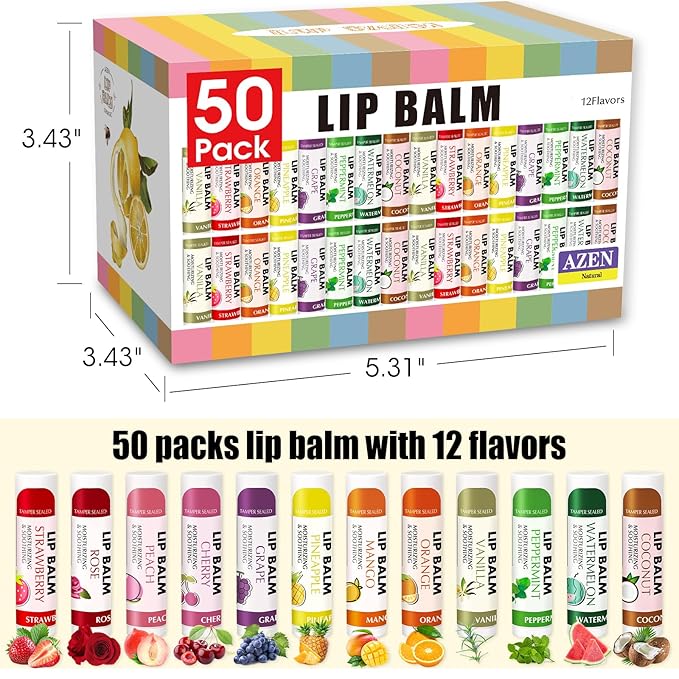 AZEN 50 Pack Lip Balm, Natural Lip Balm Bulk, Lip Care Product, Moisturizing Lip Balms for dry cracked lips, Valentines Gifts Easter Basket Stuffers - 12 Flavors