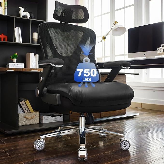 750lbs Ergonomic Office Chair,Upgrade Big and Tall Office Chairs for Heavy People,Mesh High Back Desk Chair with 5D Flip Arms Large Wheels,Adjustable Headrest & Lumbar Support,2 Pack